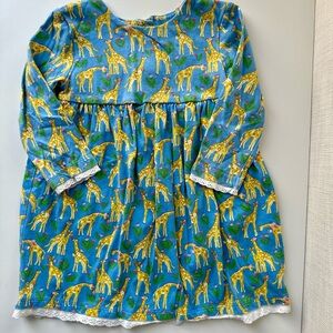 Baby Boden Blue Giraffe Print Long Sleeve Dress Lace Trim